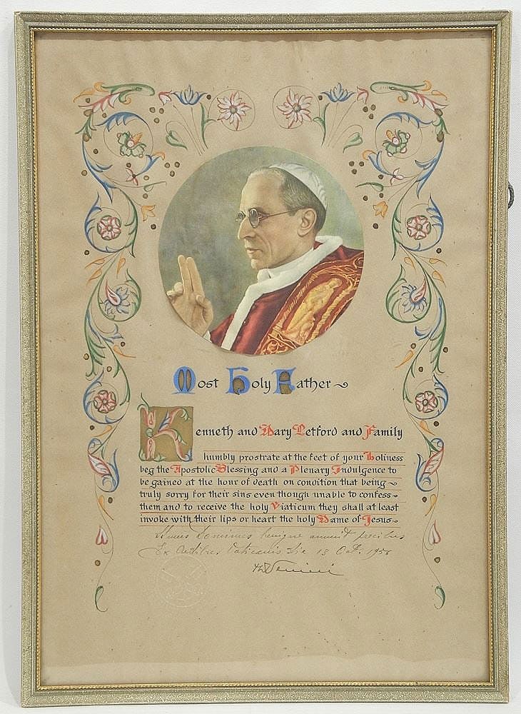 POPE PIUS XII(1876-1958) HAND SIGNED ILLUMINATED BLESSING PARCHMENT 1955 18\