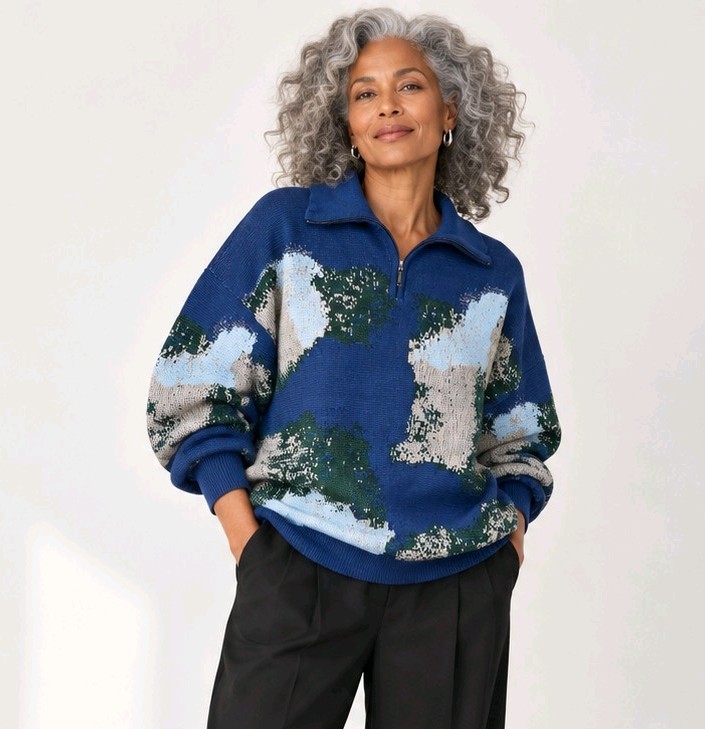 Misook 1/4 Zip Sweater Jacquard Earth Tones Blue Green Oversize Size Medium