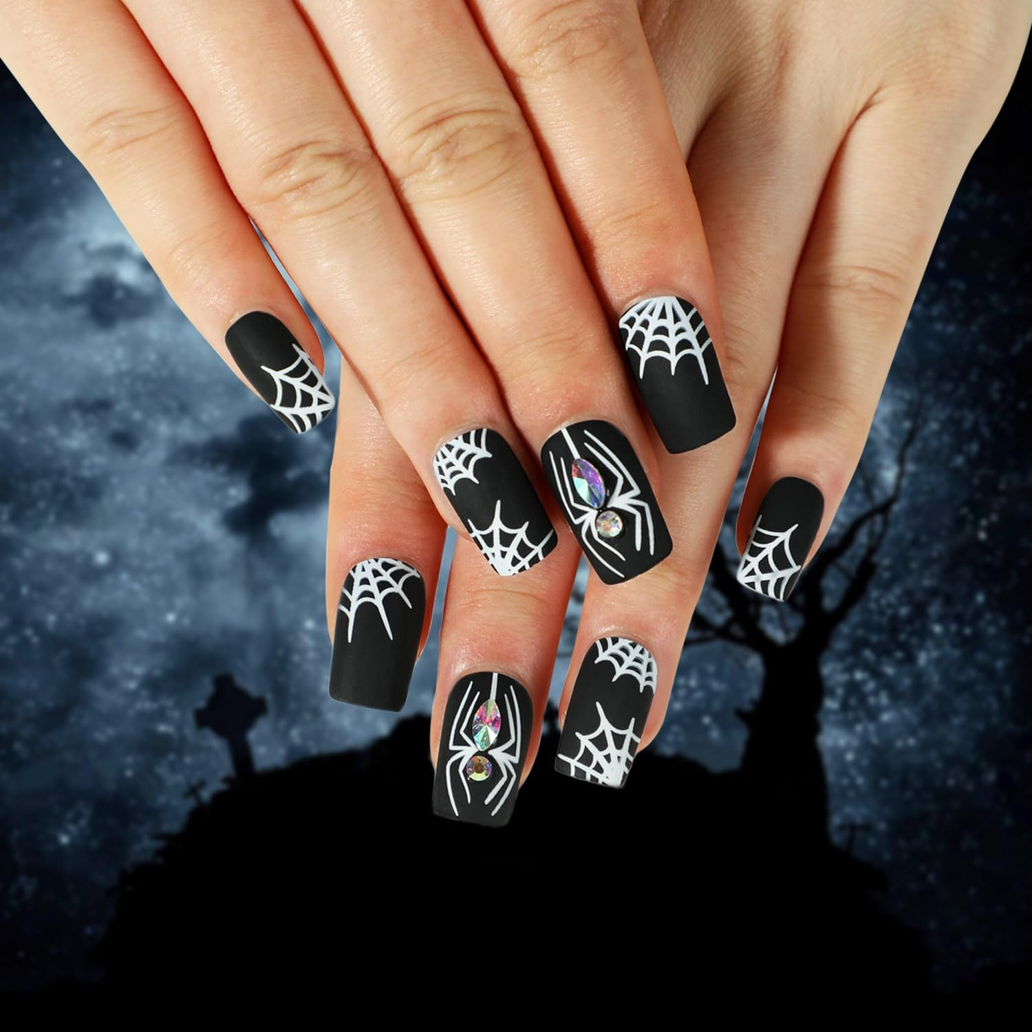 Halloween Press on Nails Medium False Nails with White Spider Web Rhinestones De Halloween Press on Nails Medium False Nails with White Spider Web Rhinestones De