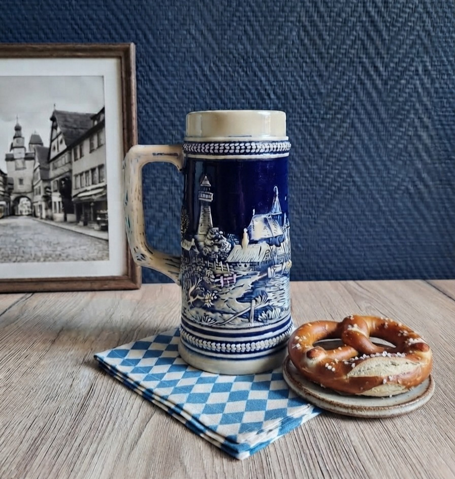 Vintage Gerz West Germany Beer Mug, Blue Enameled Sandstone Mug