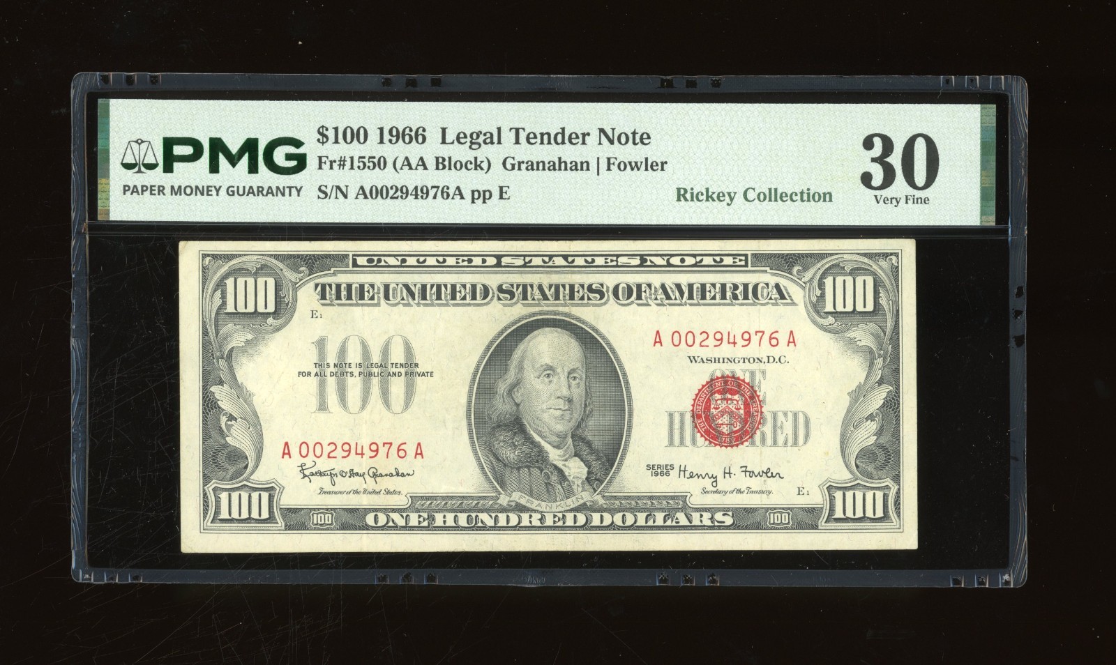 DBR 1966 $100 Legal Fr. 1550 PMG 30 Serial A00294976A DBR 1966 $100 Legal Fr. 1550 PMG 30 Serial A00294976A