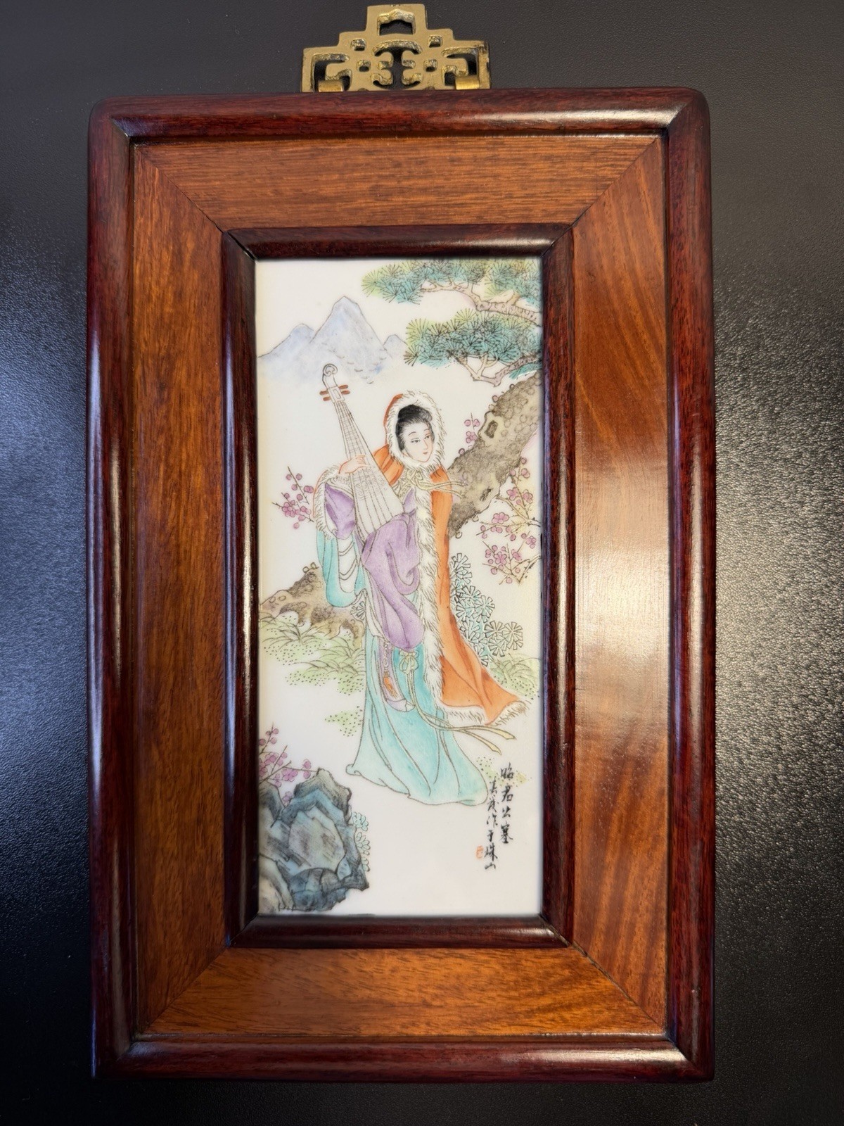 Antique Chinese Famille Rose Porcelain Plaque Wang Zhaojun Framed Tile Zhushan