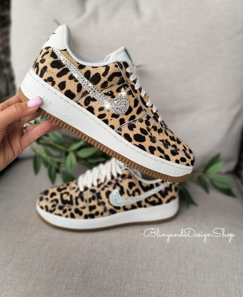 Women\'s Bling Nike Air Force 1 07 Leopard Print Shoes with Crystals Customized 