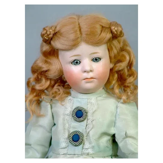 Antique German Doll Darling 12” Gebruder Heubach 7246 Pouty in Blue Silk Dress