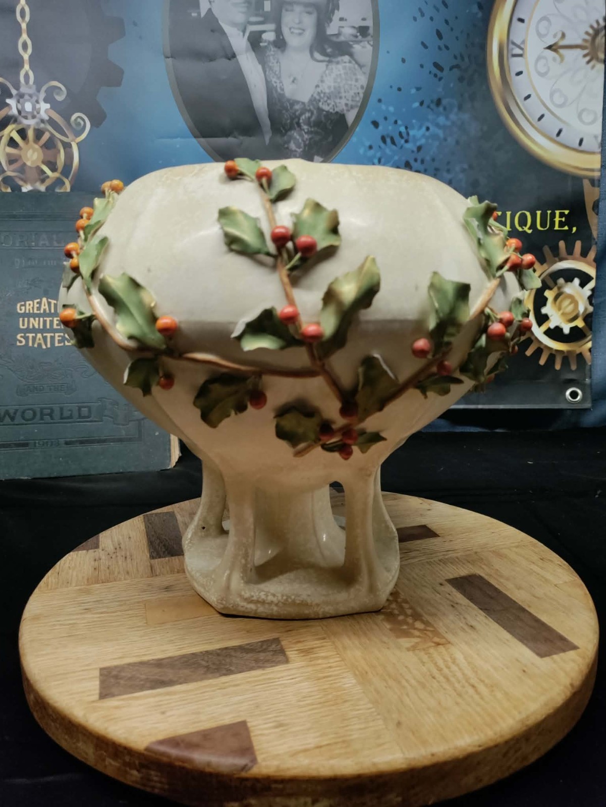 Rare Antique Stellmacher Teplitz Art Nouveau Faience Holly Planter Bowl