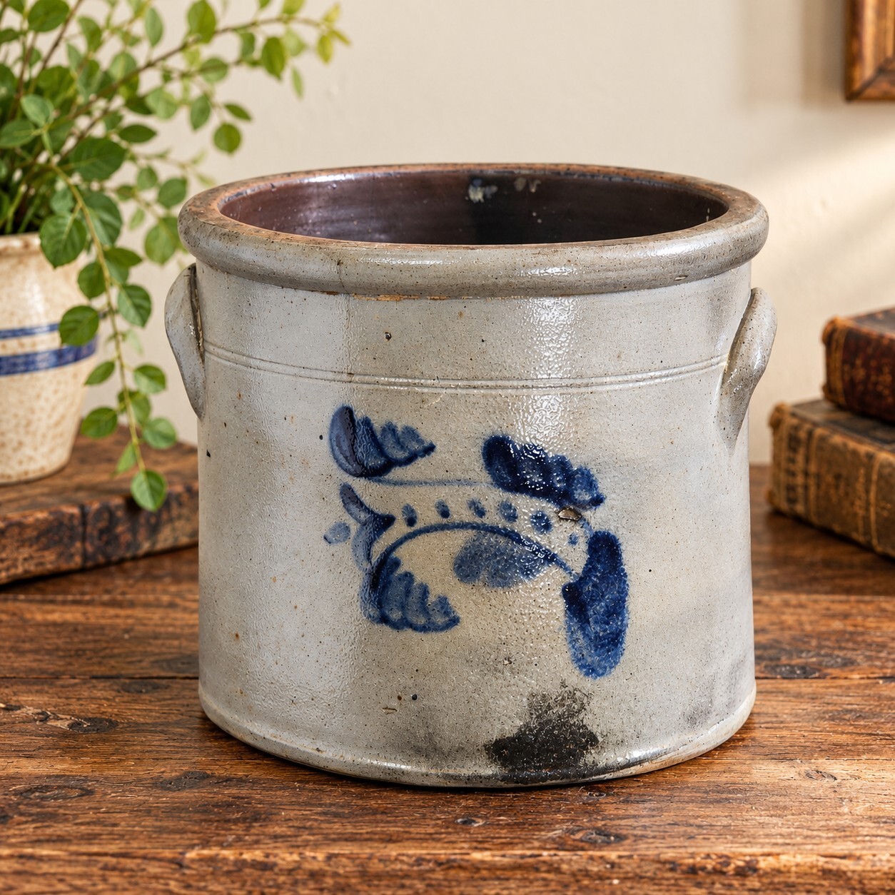 Antique 19th Century Salt Glazed Stoneware Crock Cobalt Blue Floral 2 Handle