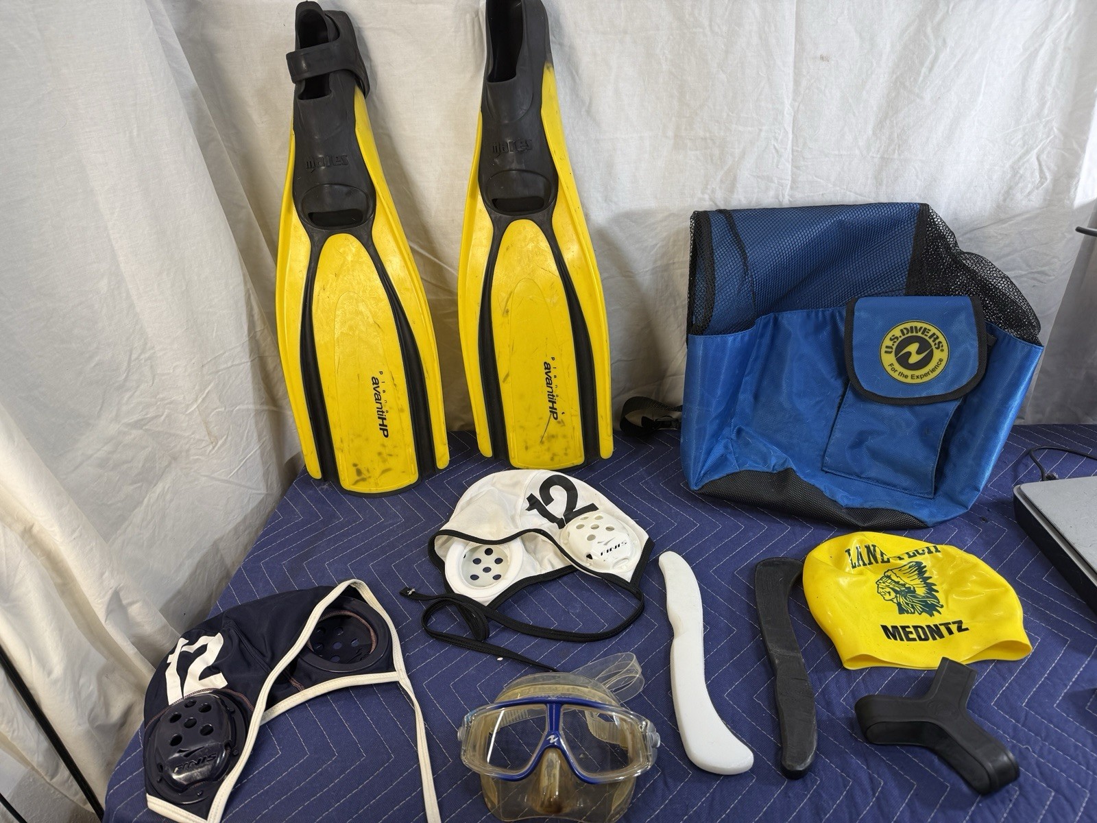 Mares Plana Avanti Fins Aqua Lung Mask Finis Water Polo Caps Mesh Bag Gear Lot
