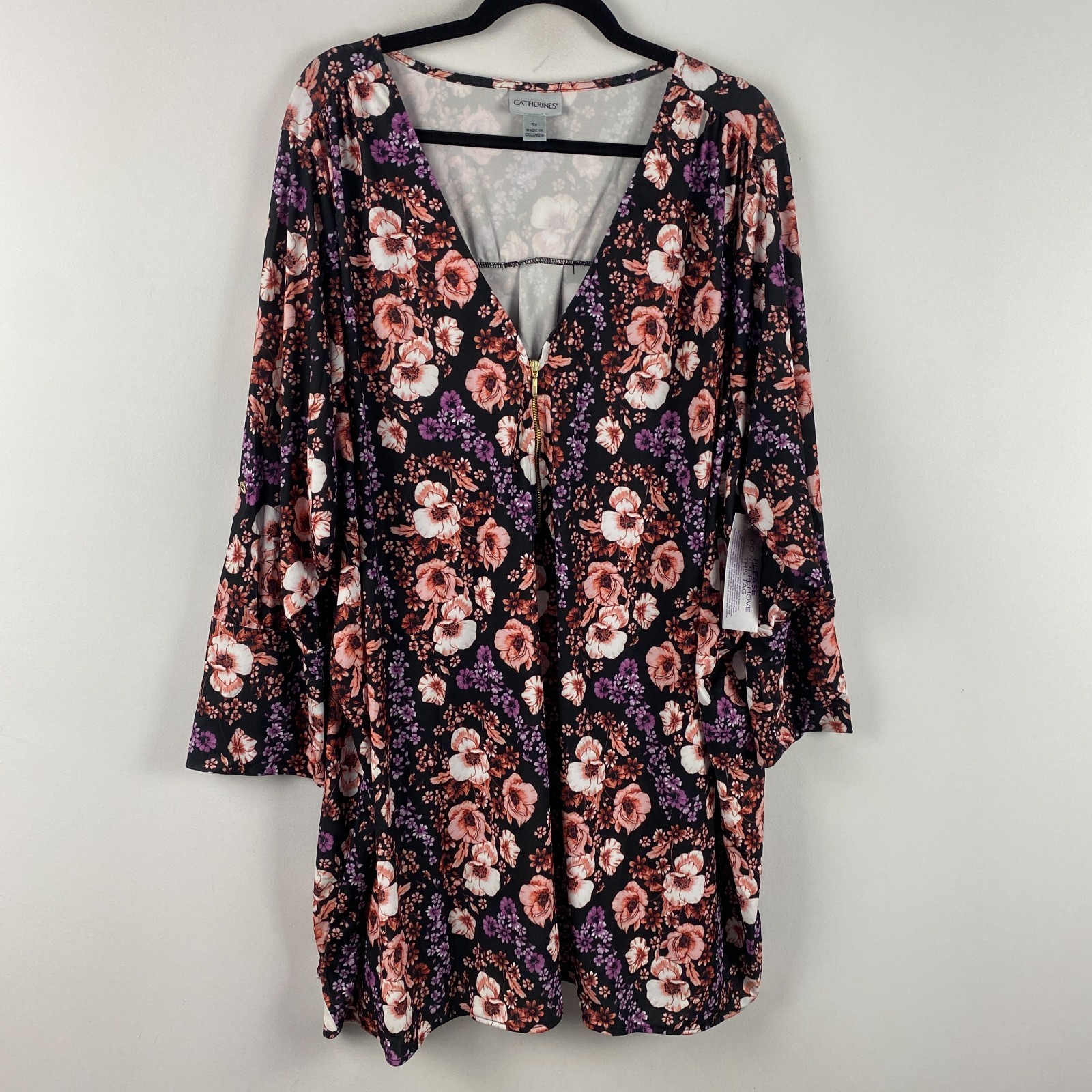 Catherines Dream Drape Zip V-Neck Top Size 5X Tunic Black Floral Stretch