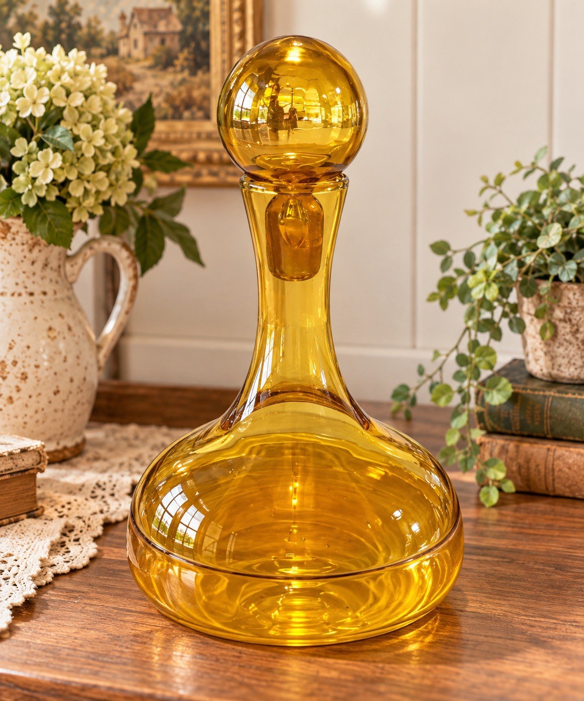 Vintage Blenko Honey Amber Art Glass Decanter Ball Stopper MCM Hand Blown