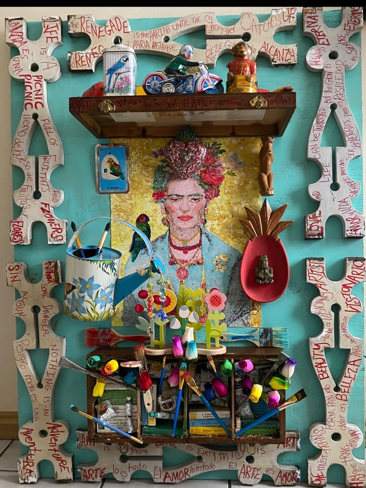 Sculpture art large handcrafted Frida Kahlo tribute wood metal one of a kind