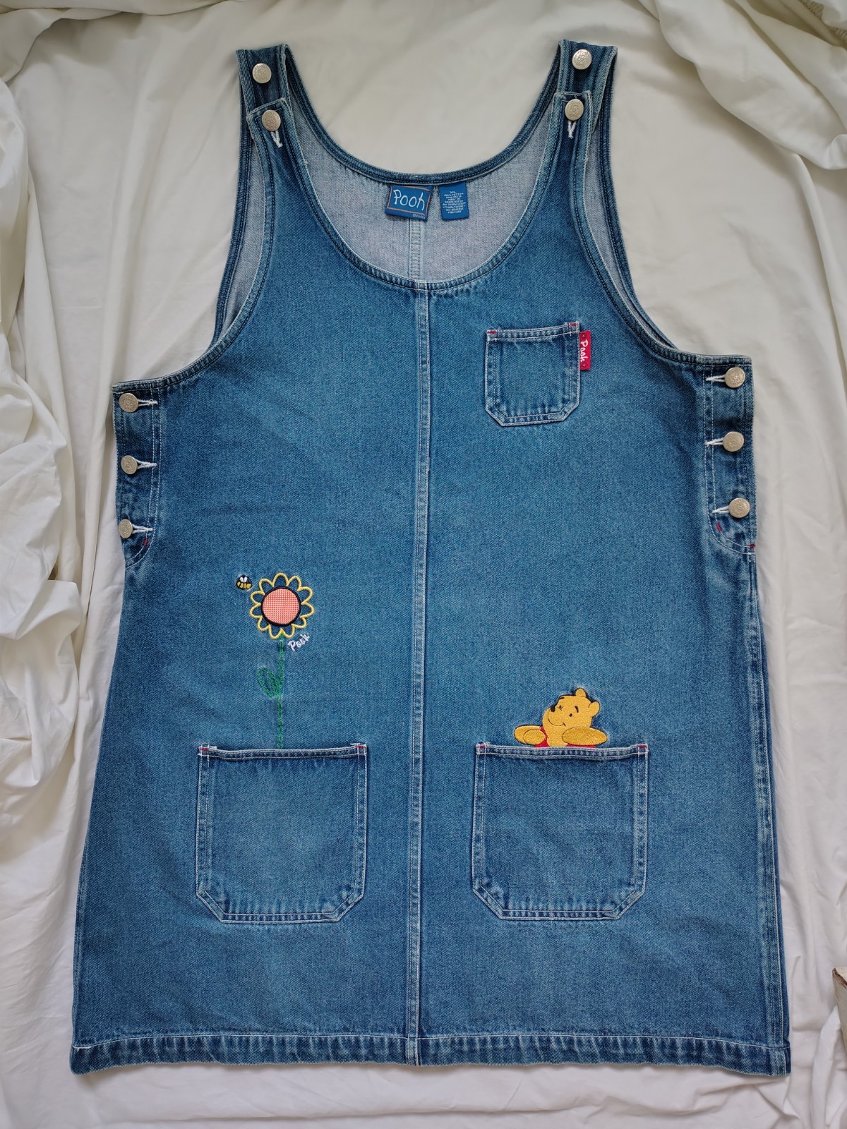 Disney Vintage 90\'s Winnie The Poo Denim Jumper Dress Embroidered Women\'s Sz XL