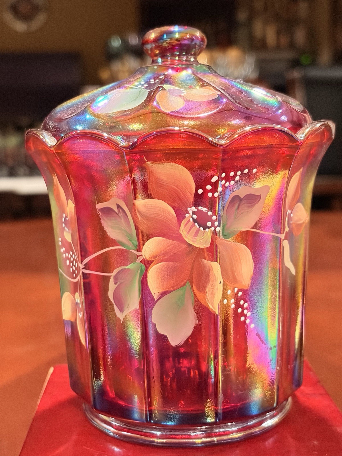 Gorgeous Vintage Fenton Red Carnival Glass Hand Painted Covered Candy Jar 6” Gorgeous Vintage Fenton Red Carnival Glass Hand Painted Covered Candy Jar 6”