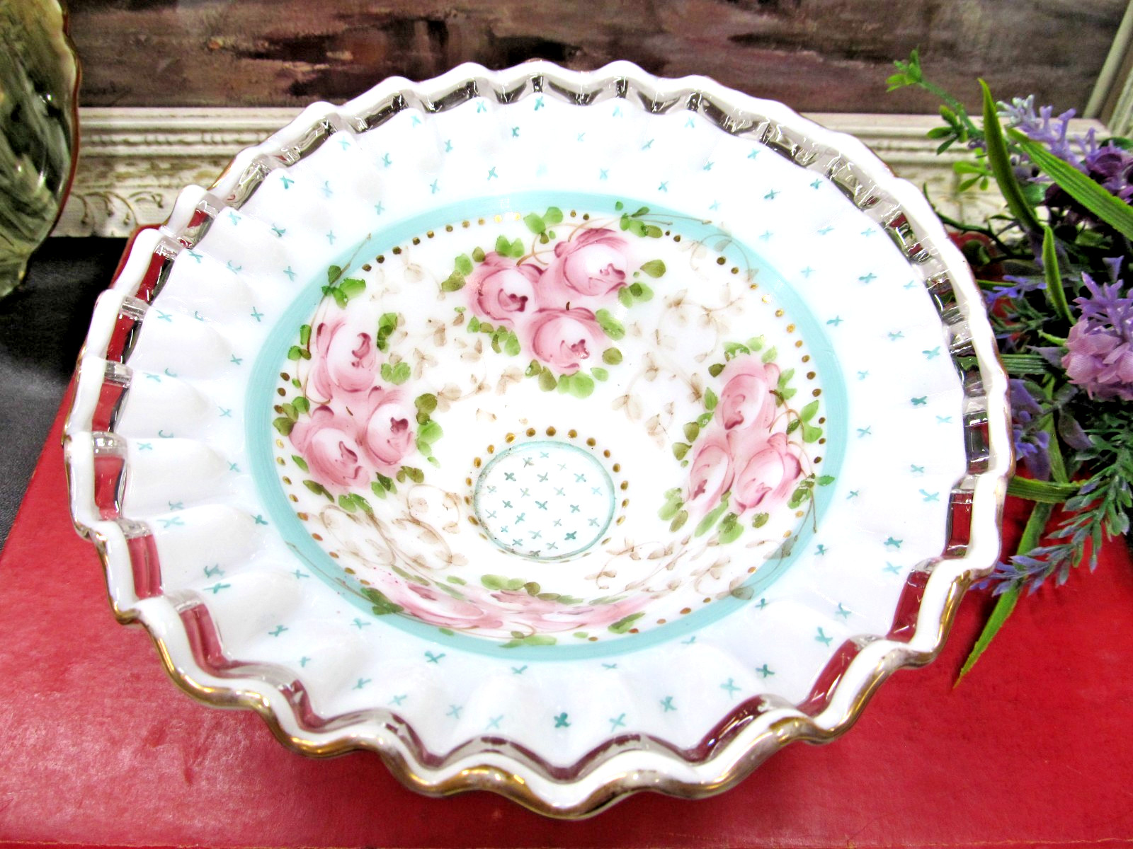Fenton Ruffled Edge Silver Crest Charleton Hand Painted Roses Bowl \