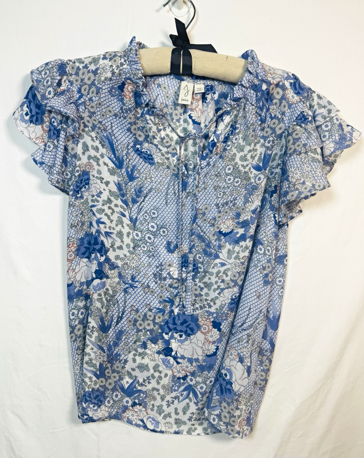 Joie Women’s Blue/White Floral Ruffle V-Neck Button Chiffon Blouse S