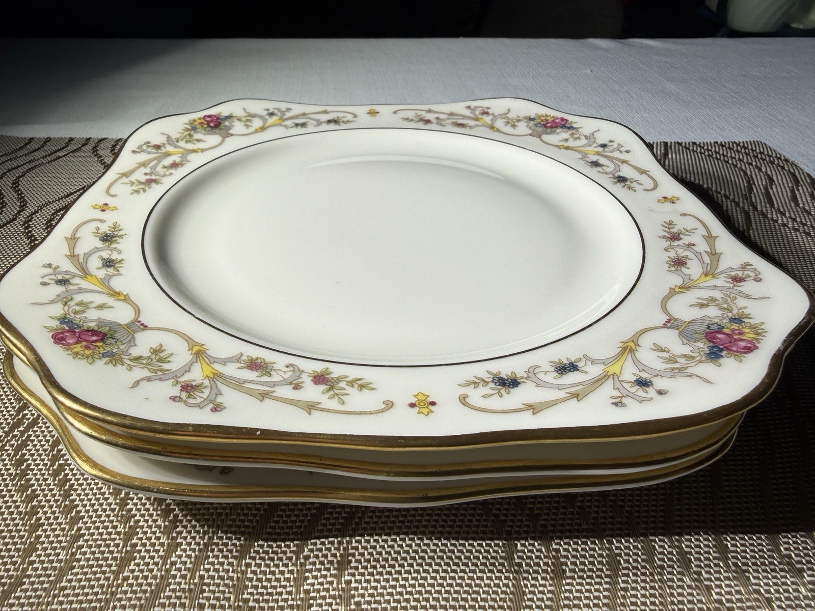 RARE Lamberton Ivory Dorothea 8” Square Salad Dessert Plates Set of 3 Gold Trim
