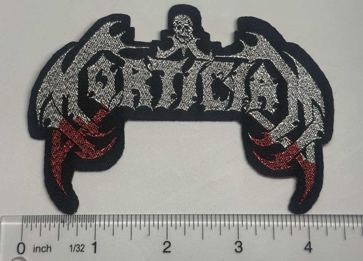 Mortician Metallic Silver And Red Logo Black Border Woven Patch