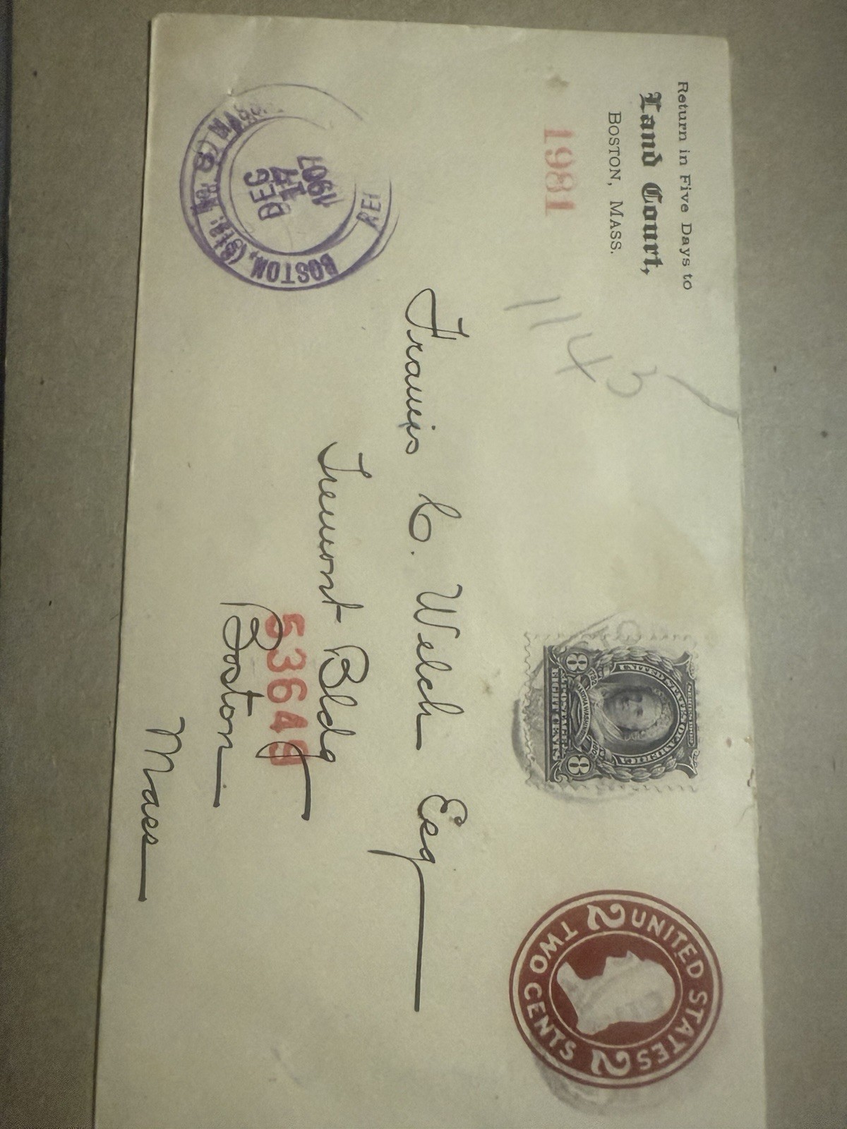 1907 Boston Duplex Killer Registry Cover 2¢+8¢ Washingtons $90 BIN