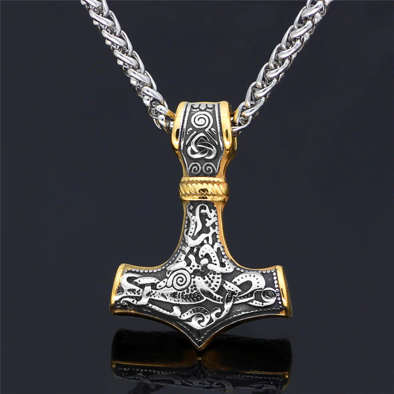 Men Viking Stainless Steel Wolf Necklace Thor Hammer Mjolnir Pendant Gold Black