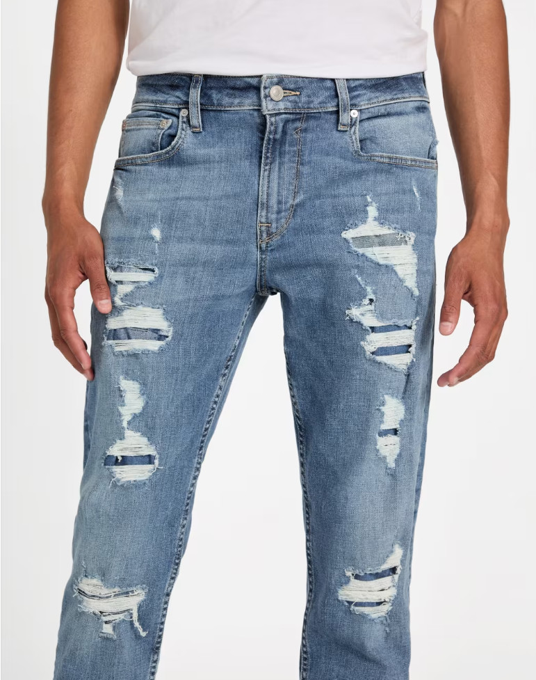 Guess Slim Tapered Eco Finnley Denim Jeans Mens 34 Blue Mid Rise Distressed Guess Slim Tapered Eco Finnley Denim Jeans Mens 34 Blue Mid Rise Distressed