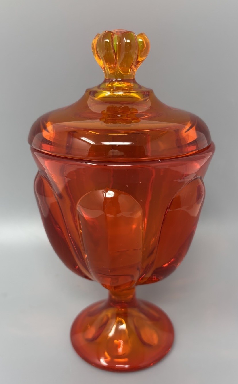 Vintage Viking Glass Persimmon Candy Jar 6 Petal Pattern With Lid 8.25\