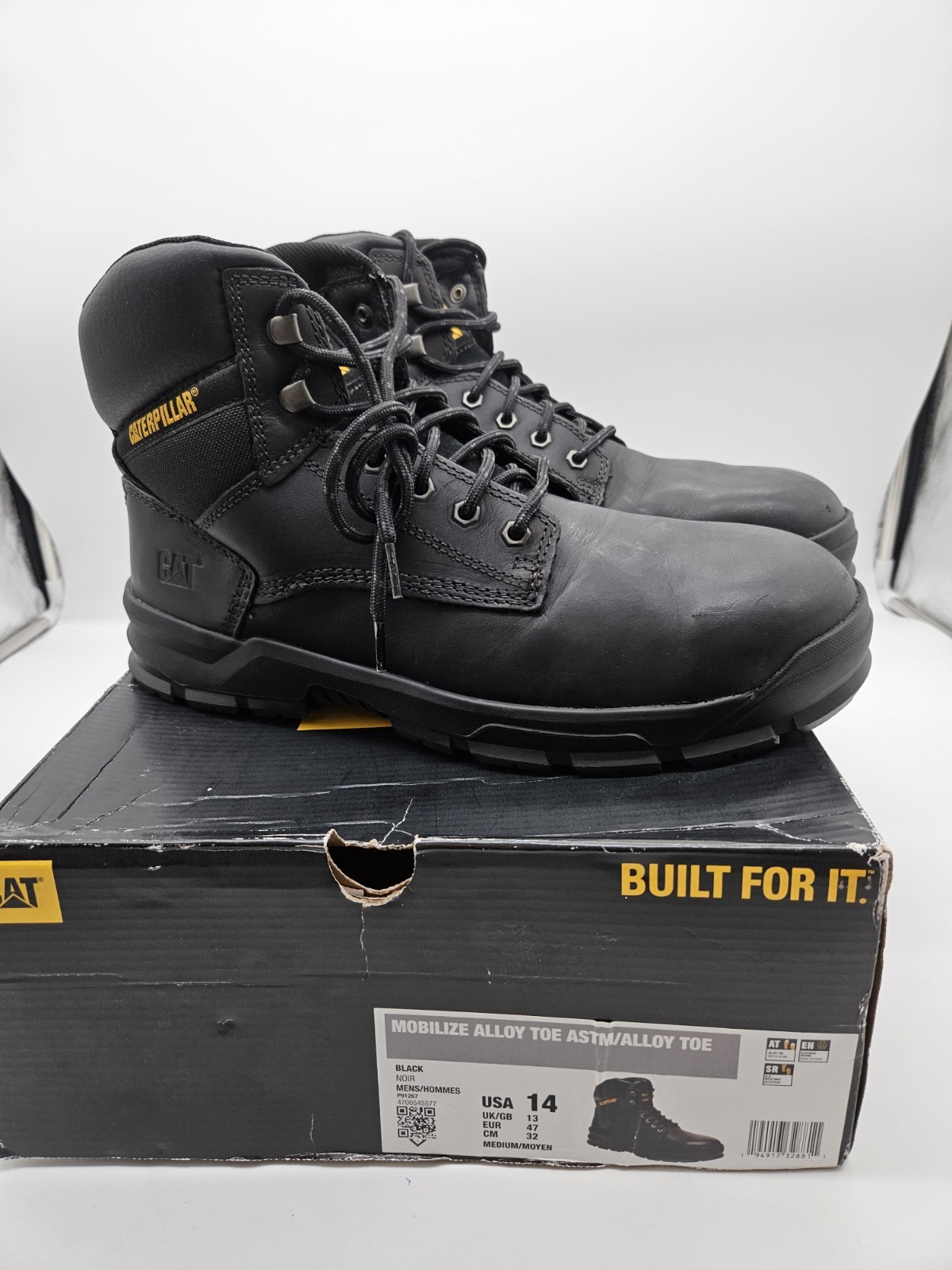 Men\'s 14 CAT Caterpillar Mobilize Alloy Toe Work Boots Black Leather Men\'s 14 CAT Caterpillar Mobilize Alloy Toe Work Boots Black Leather