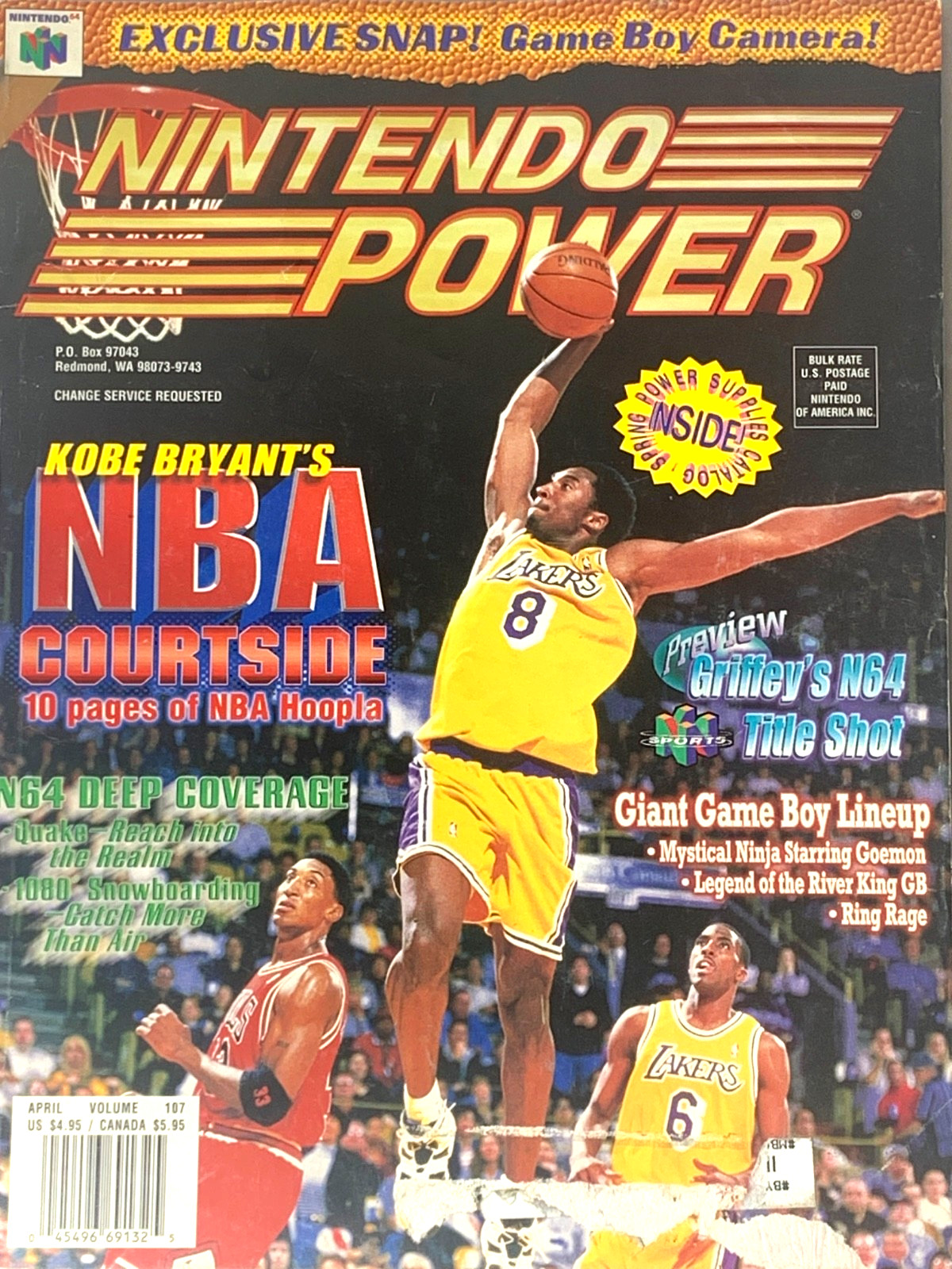 Nintendo Power Volume 107 Guide Book Magazine NBA Courtside Kobe Bryant w/Poster