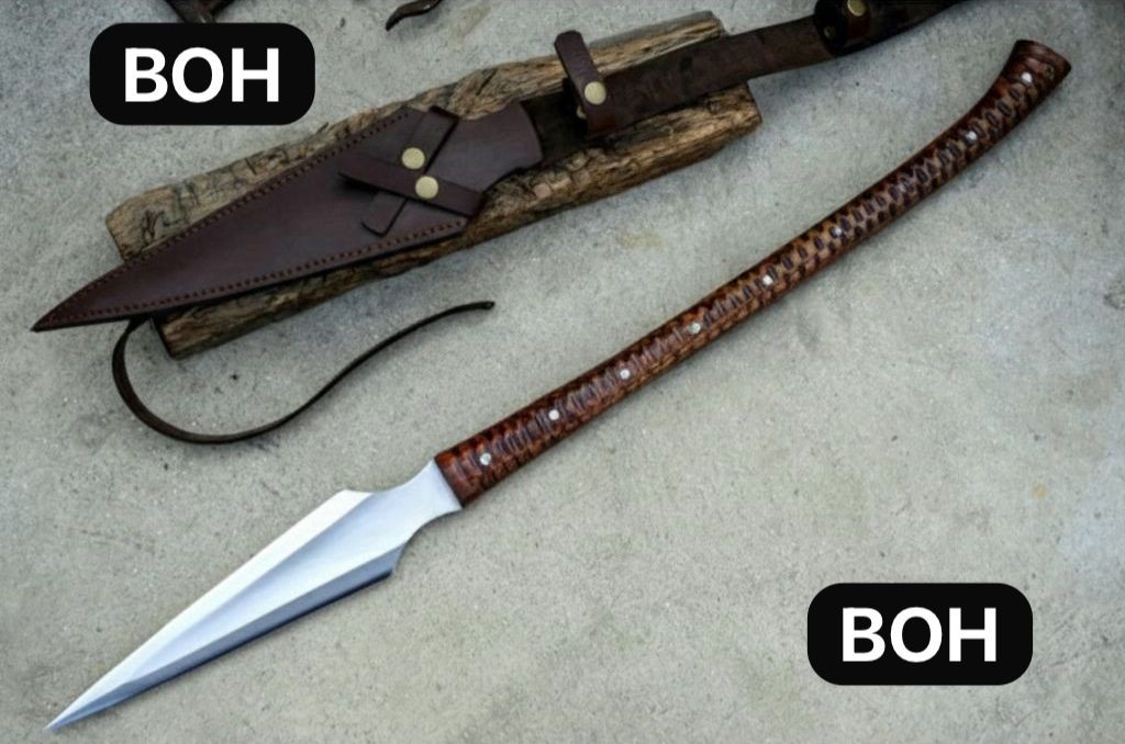 CUSTOM HANDMADE HIGH CARBON STEEL BOAR HUNTING SPEAR WITH LEATHER SHEATH