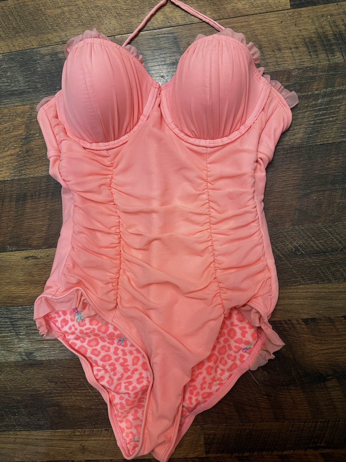 BETSEY JOHNSON Vintage 1pc Bandeau Swimsuit  M Coral Rouched Sides Ships Free