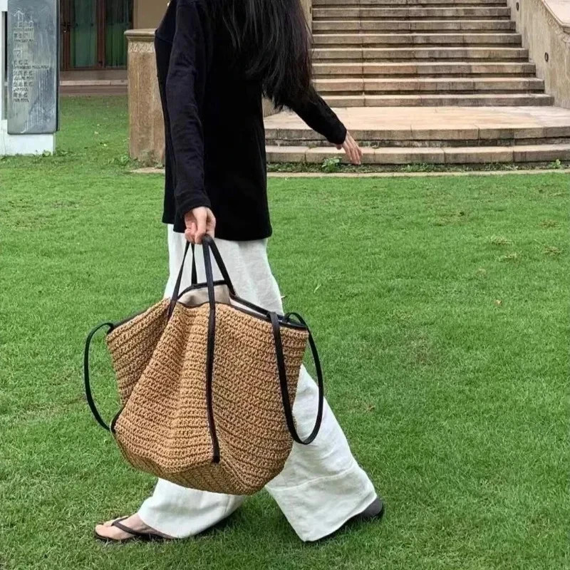 Women\'s Straw Woven Tote Bag Summer Beach Shoulder Handbag