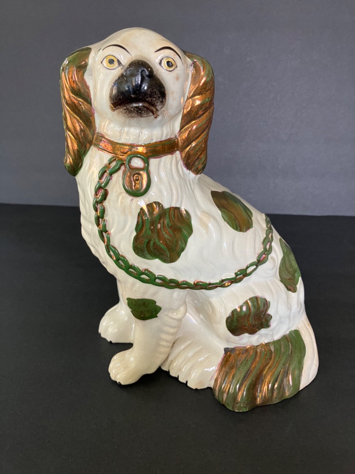 ANTIQUE 19TH CENT  STAFFORDSHIRE SPANIEL DOG FIGURINE COPPER & GREEN LUSTRE 9.5\