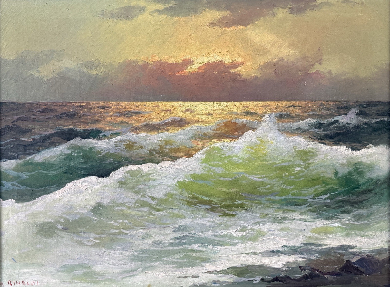 M. Rinaldi, Vintage Oil Painting on Canvas, Seascape - Mediterranean Waves