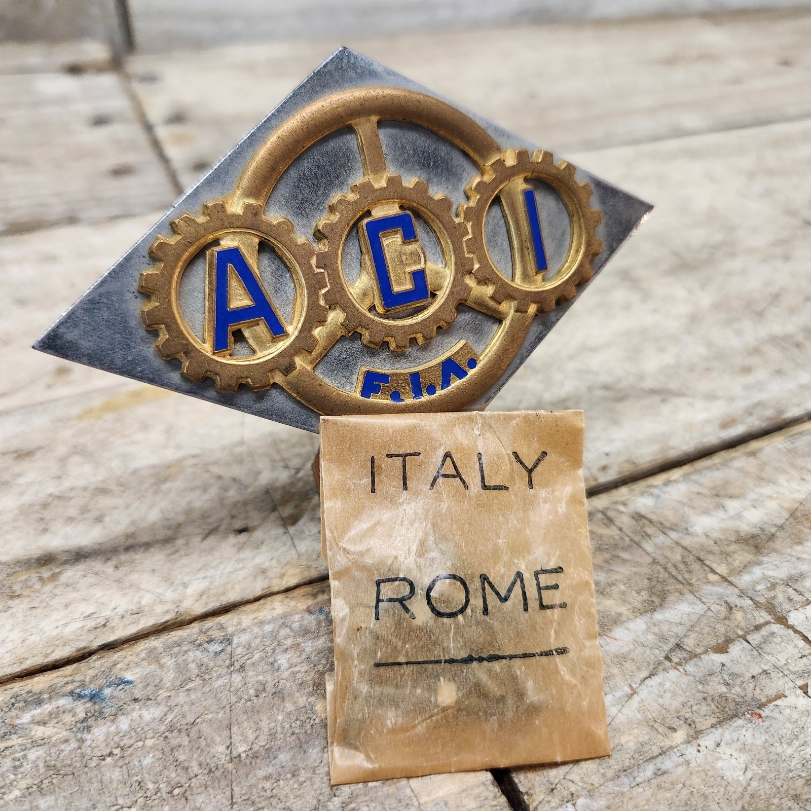 Vintage ACI FIA Italy Car Grille Badge Lorioli Milano Roma Bronze Emblem NOS