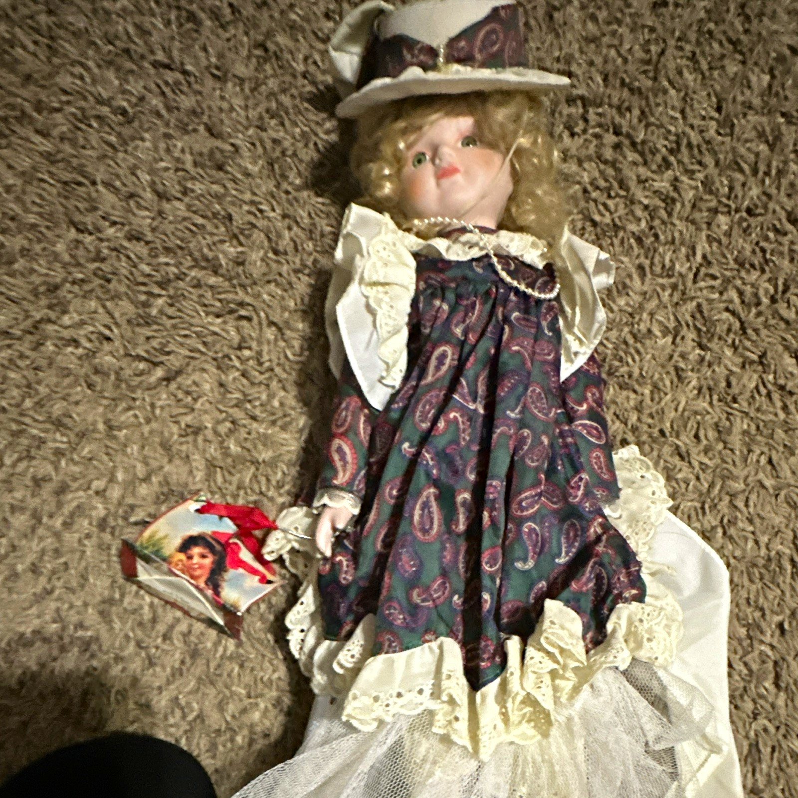The Heritage Mint Porcelain Girl Doll Blonde Curly Hair Blue Eyes Dress & Hat