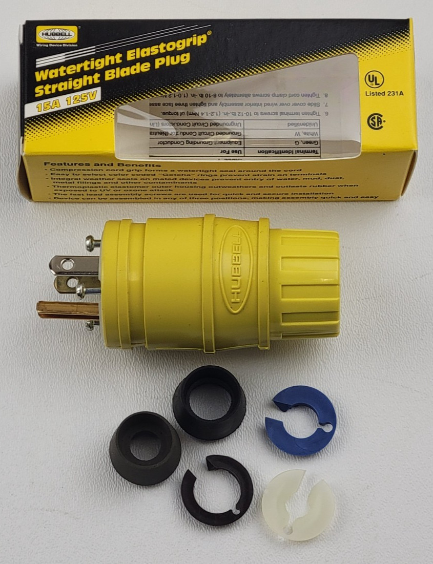 Hubbell HBL14W47 15A / 125V Watertight Elastogrip Straight Blade Plug