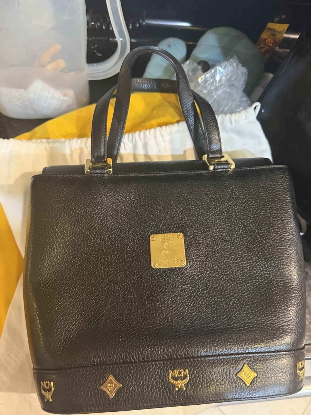 Vintage MCM Black Pebbled Leather Top Handle Satchel Gold Hardware Logo Bag