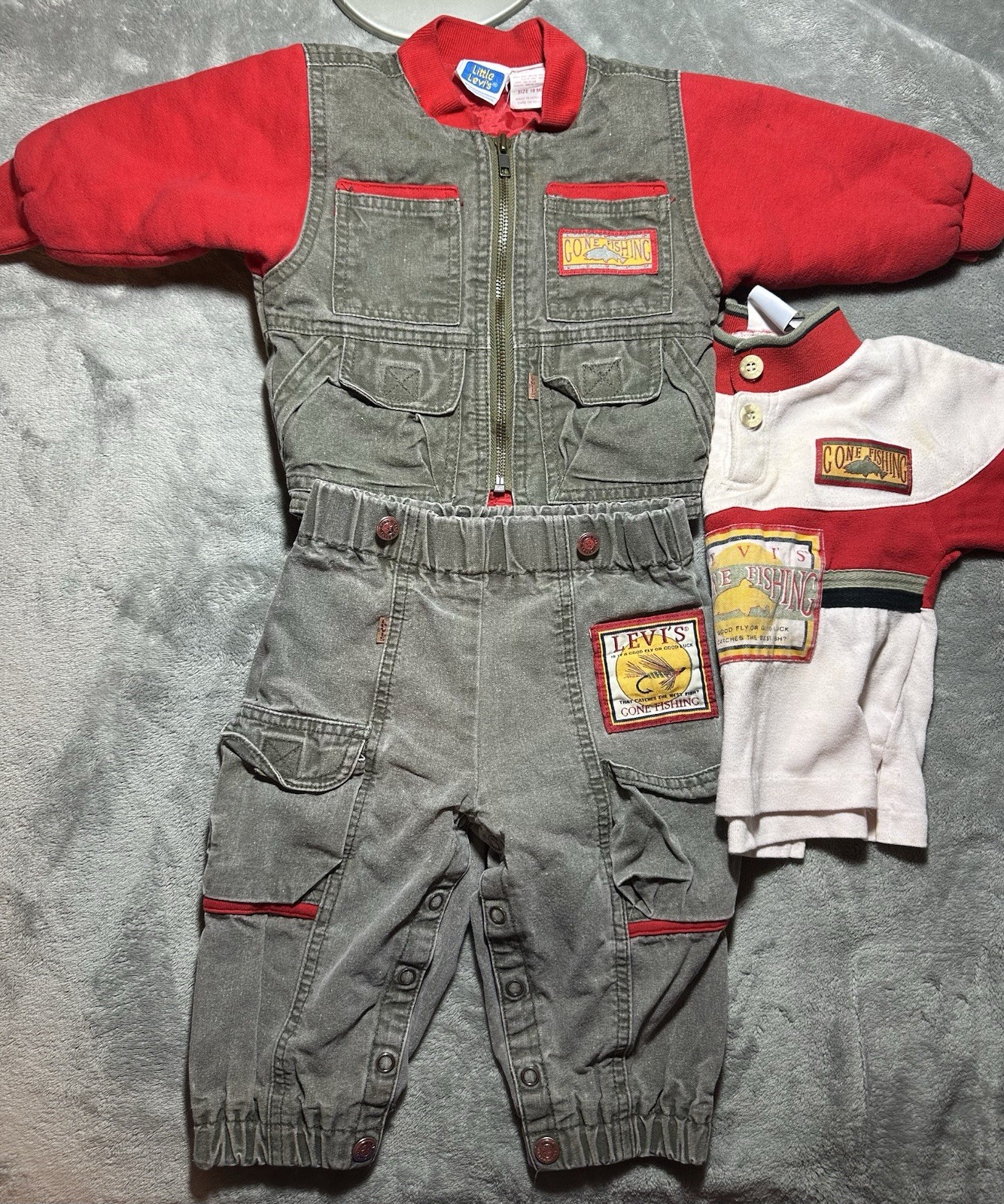 Vintage Levi\'s Baby Gone Fishing 3-Piece Outfit Jacket Shirt and Cargo Pants 18M Vintage Levi\'s Baby Gone Fishing 3-Piece Outfit Jacket Shirt and Cargo Pants 18M