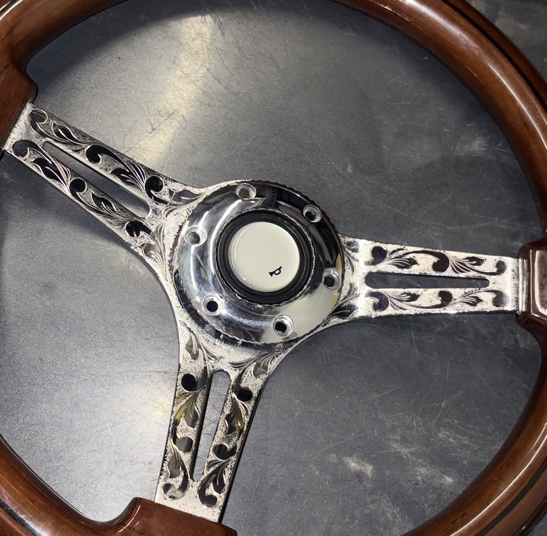 hand engraved steering wheel 5 bolt  woodgrain