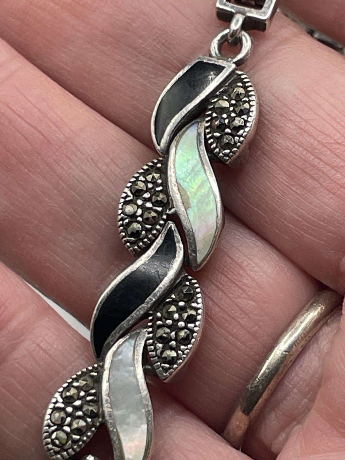 Vintage Sterling Silver Bracelet Mother of Pearl Onyx Link Art Deco Marcasite Vintage Sterling Silver Bracelet Mother of Pearl Onyx Link Art Deco Marcasite