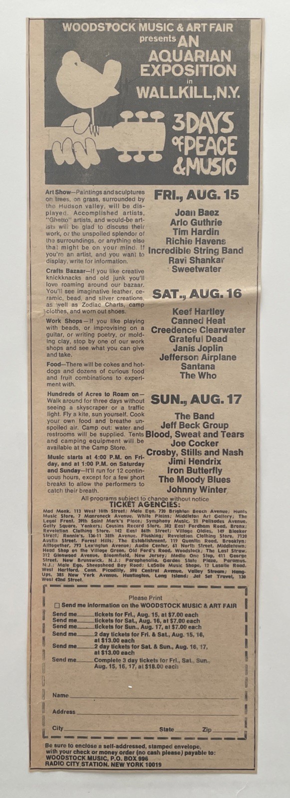 1969 WOODSTOCK FESTIVAL, Wallkill N.Y. Site, Ticket Order Form Concert Ad