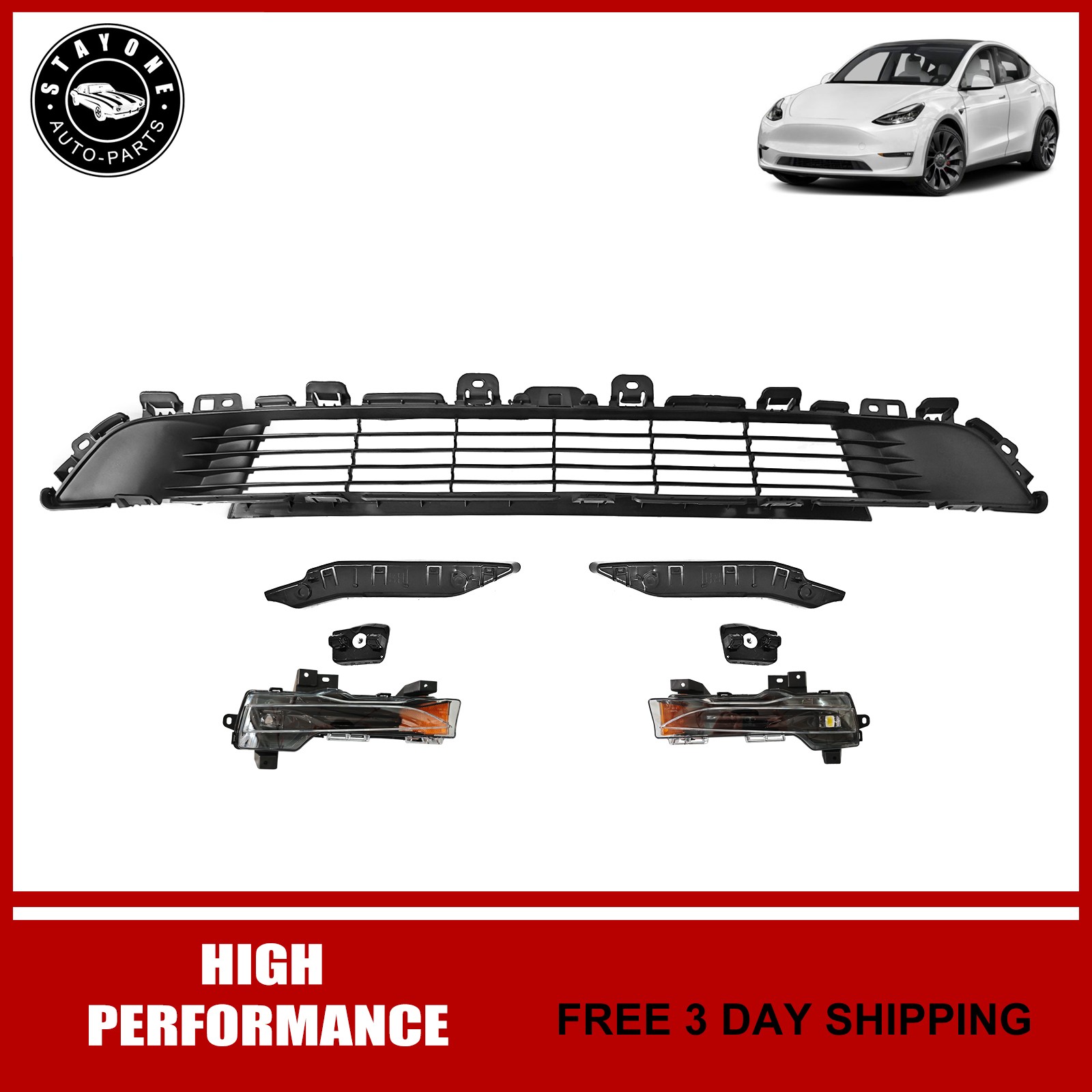 For 2020-2024 Tesla Model Y Front Lower Bumper Grille Kit with Fog Lights