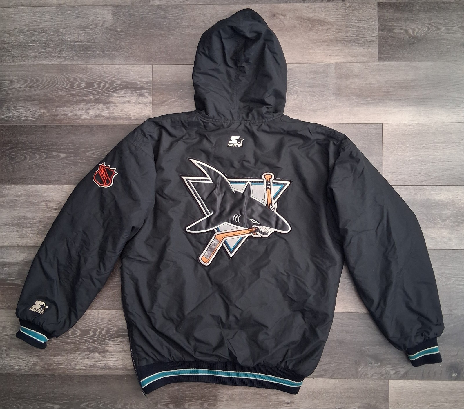 Vintage 90’s San Jose Sharks NHL Starter Parka Jacket Hooded Black Size Small