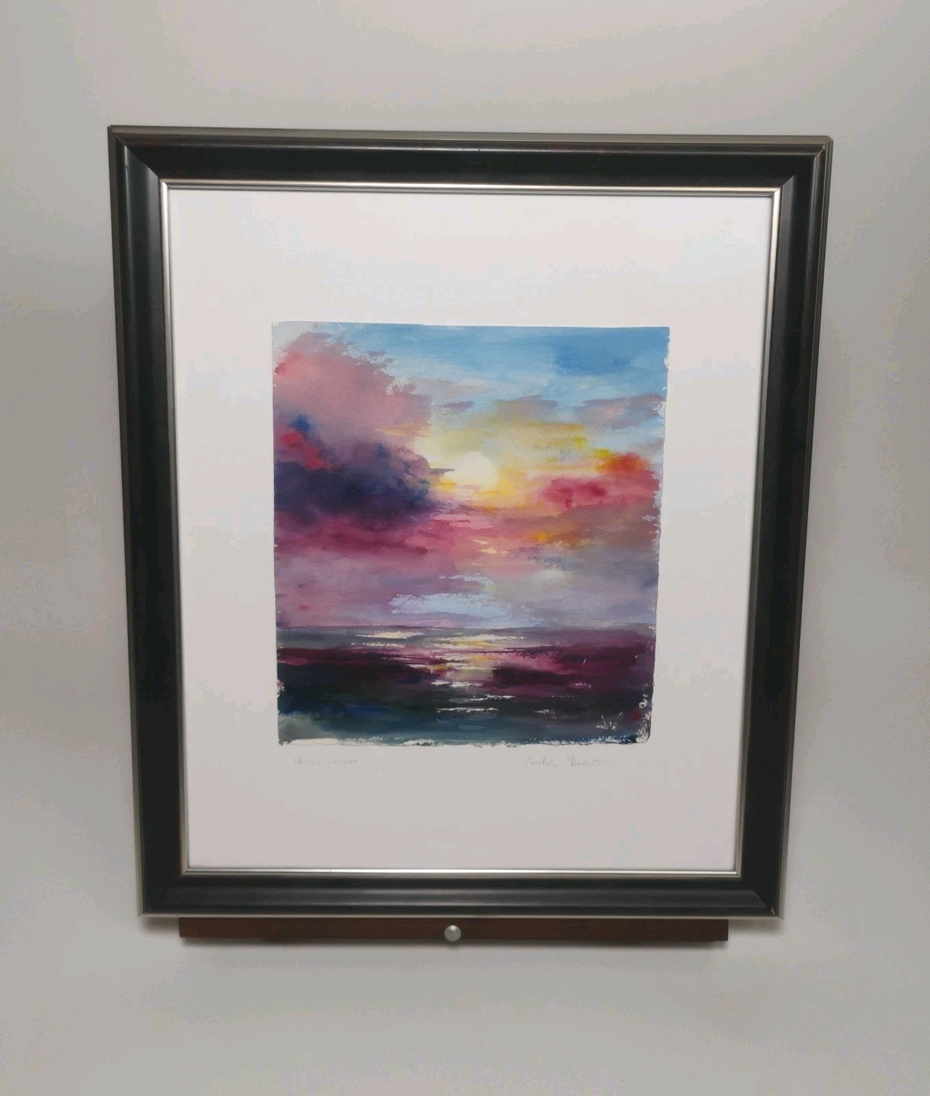 Caroline Dechert Rosey Sunset Original Watercolor Gouache Painting Framed Signed