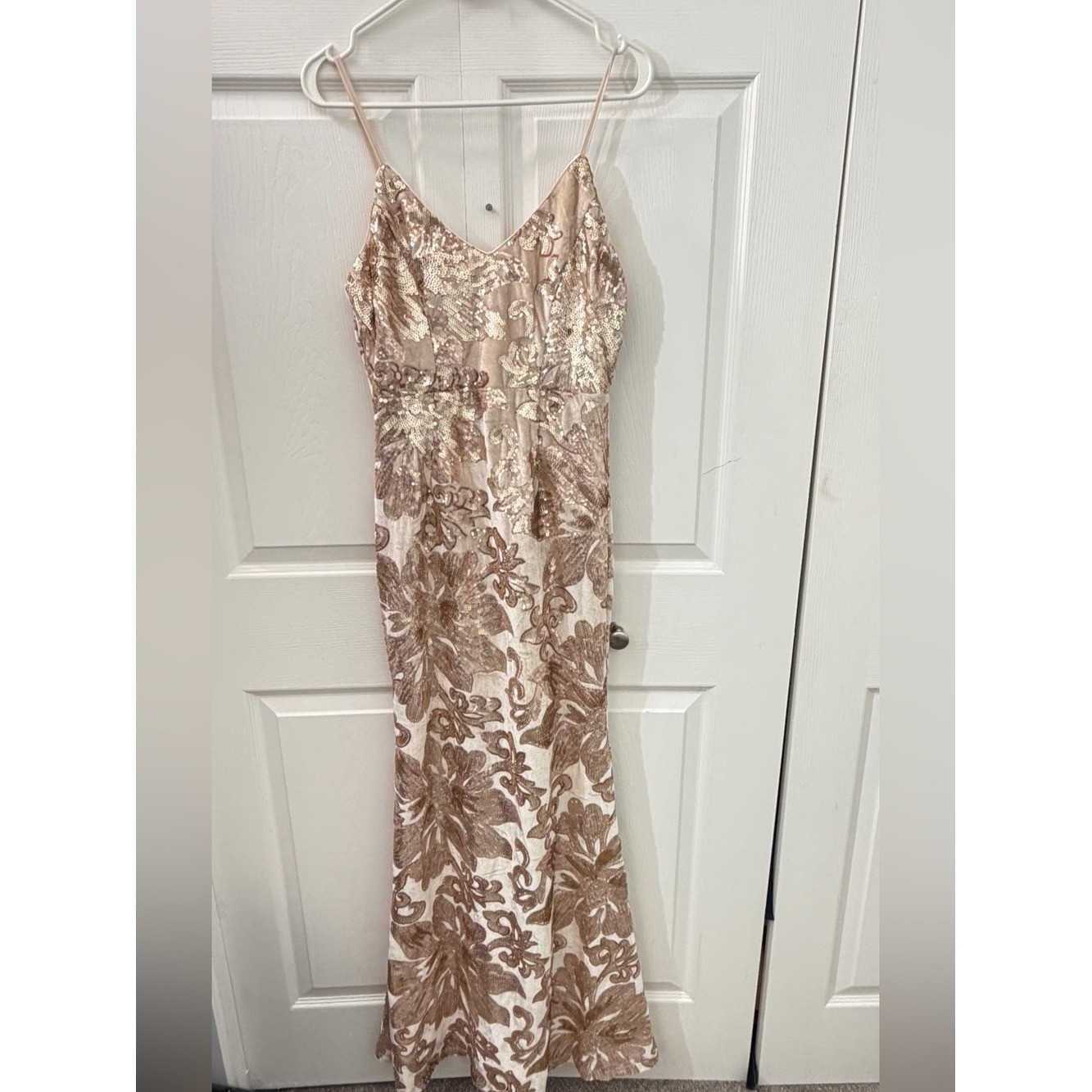 Lulus Rose Gold Blush dress Sequin Floral  Embroidered Maxi Formal Gown Size S