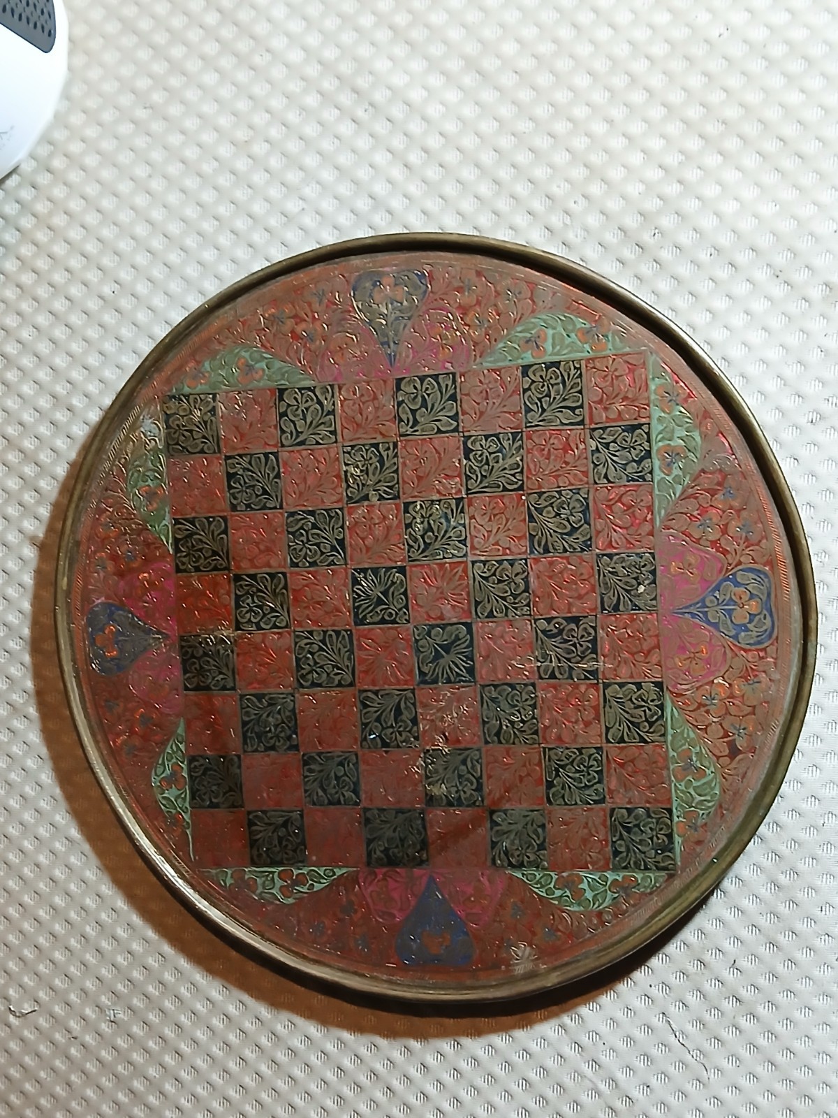 Vintage Damascene Mixed Metal Chess Board Tray Footed Etched Brass Copper 14\