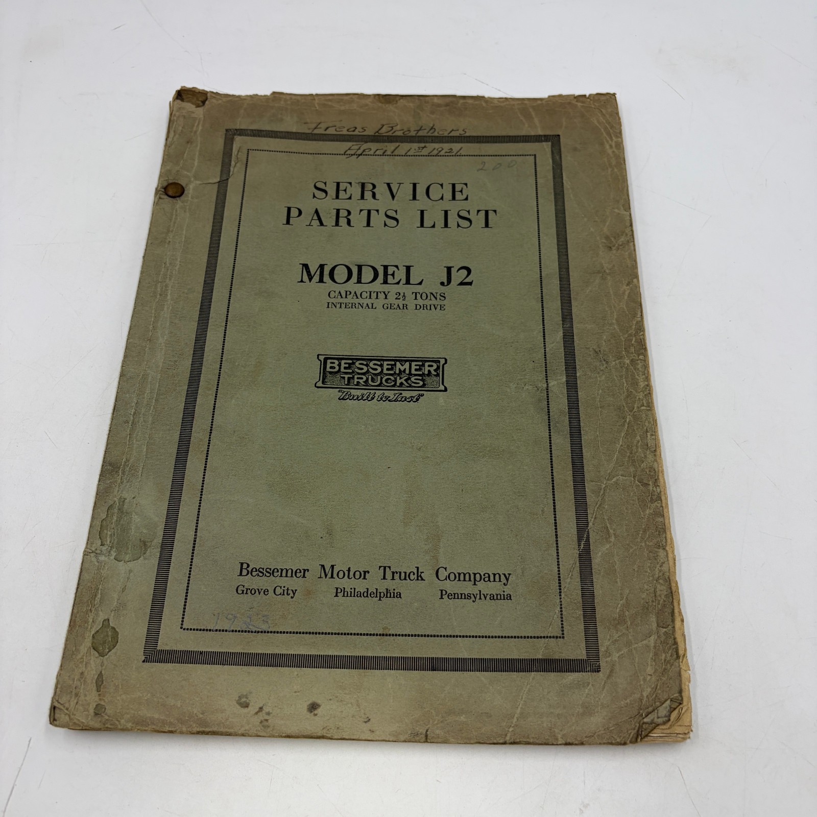Vintage Bessemer Trucks Model J2 2½ Ton Service Parts List Original Manual