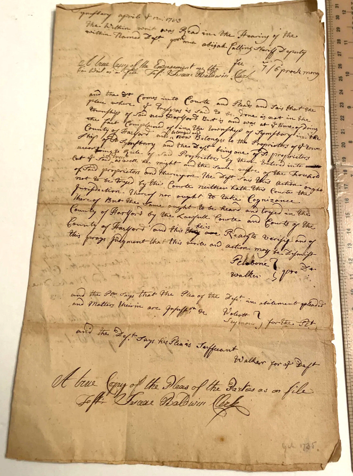 1763 CT Legal Manuscript Abatement Plea Simsbury New Hartford Isaac Baldwin sign