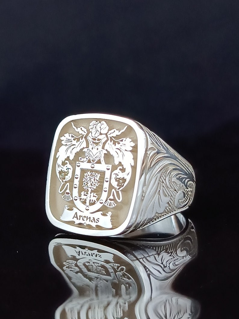 Engraved Silver Signet Ring Family Crest Coat of Arms Heraldic Shield Gift Men