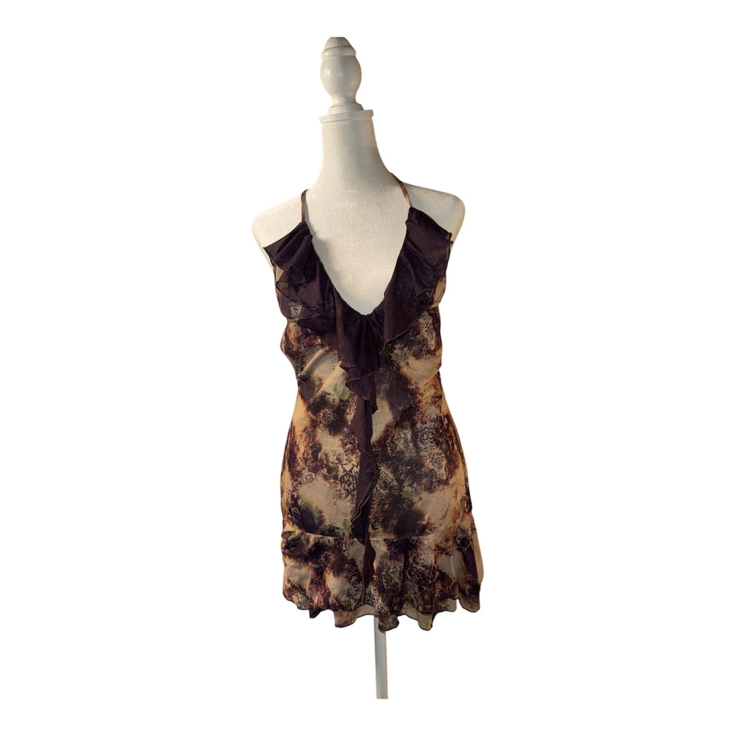Halter Ruffle Dress Brown Mesh Print Y2K Vintage