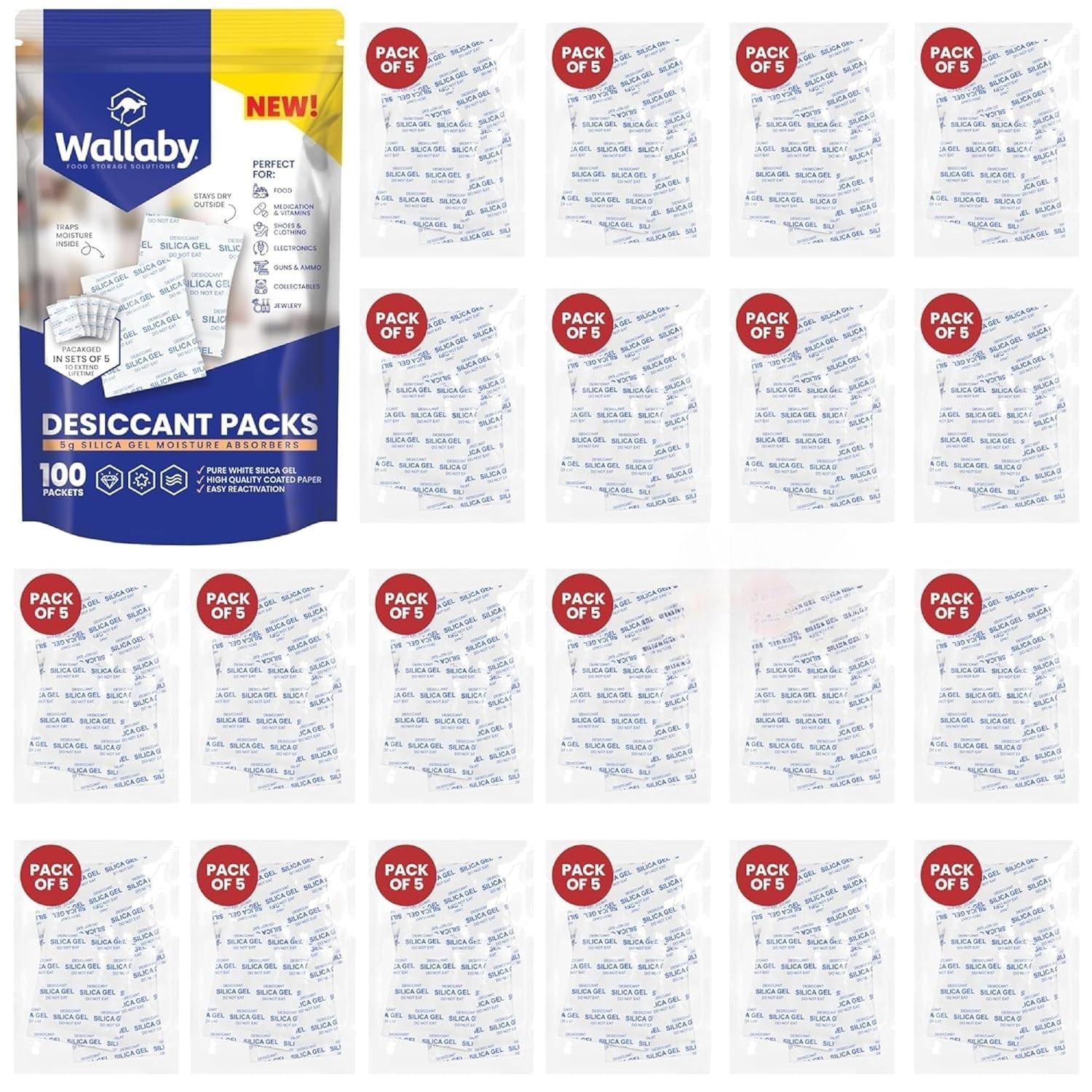 Wallaby 5g Silica Gel Desiccant Packs Food Safe Rechargeable 100 Pack