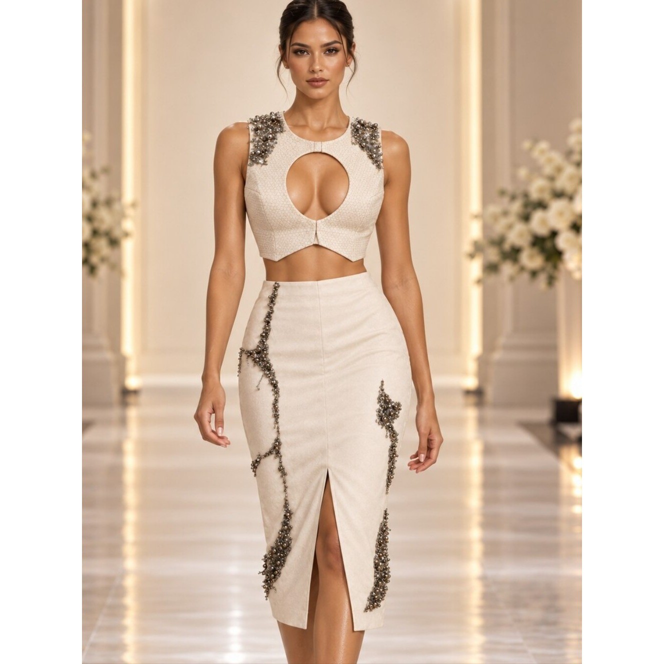 Custom Cream Embellished Crop Top & Coordinated Front Slit Midi Skirt Set Size M